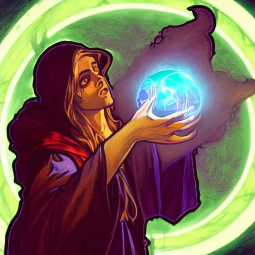 Image similar to a warlock is casting a magic spell while with magic orb floating in his hand , dynamic pose, chromatic aberration , medium level shot, Mucha style , Grim fantasy, illustration ,concept art, Mucha style,