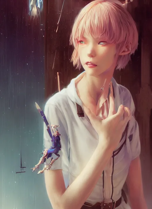 Image similar to highly detailed portrait of rei ayanami, stephen bliss, unreal engine, fantasy art by greg rutkowski, loish, rhads, ferdinand knab, makoto shinkai and lois van baarle, ilya kuvshinov, rossdraws, tom bagshaw, global illumination, radiant light, detailed and intricate environment