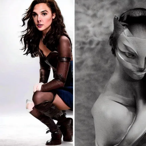 Image similar to two halves of a cat, gal gadot.