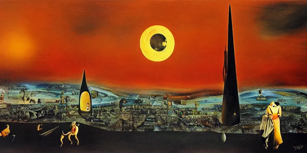 Prompt: love and fear in tehran skyline in a winter night, a full moon in the sky, surreal painting by salvador dali,