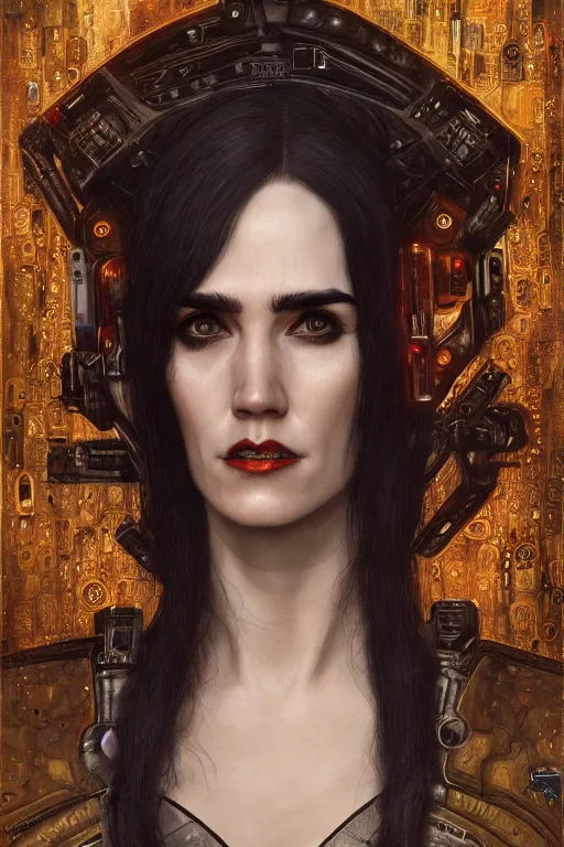 Image similar to portrait of beautiful gothic Jennifer Connelly, cyberpunk, Warhammer, highly detailed, artstation, illustration, art by Gustav Klimt