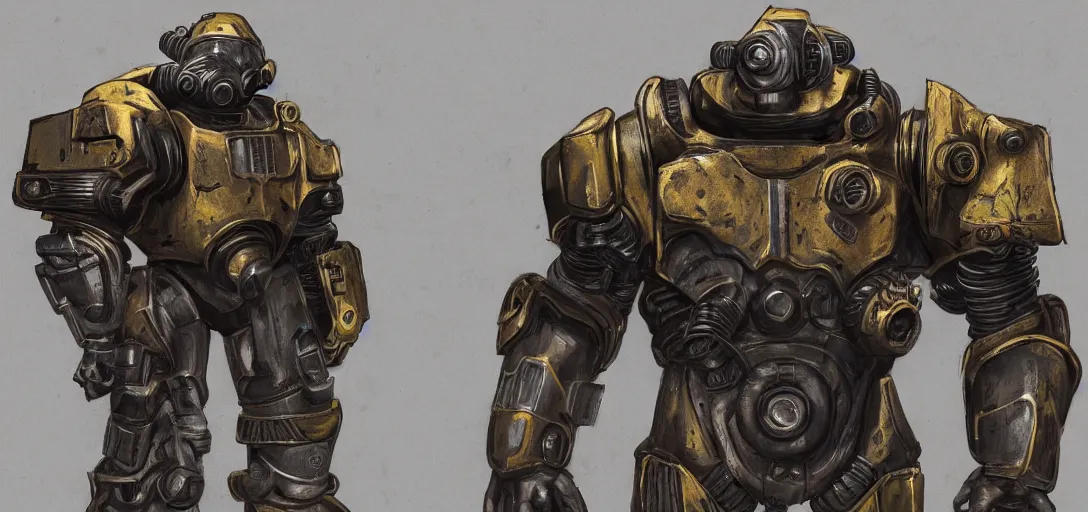 Prompt: Fallout Construction Power Armor Concept Art, vibrant colors, 8k photorealistic, black background, HD, high details, trending on artstation