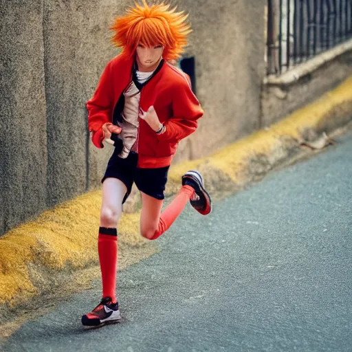 Prompt: orange - haired anime boy, 1 7 - year - old anime boy with wild spiky hair, wearing red jacket, running through italian town, yellow sunshine, sepia sun, strong lighting, strong shadows, vivid hues, ultra - realistic, sharp details, subsurface scattering, intricate details, hd anime, 2 0 1 9 anime