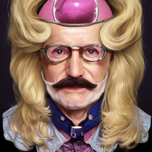 Image similar to 6 0 - year - old charles elmer rip taylor jr as a cyborg, blonde wig, handlebar moustache, portrait, western, steampunk, pink duster, fantasy, intricate, elegant, highly detailed, digital painting, artstation, concept art, sharp focus, illustration, art by artgerm and greg rutkowski and alphonse mucha