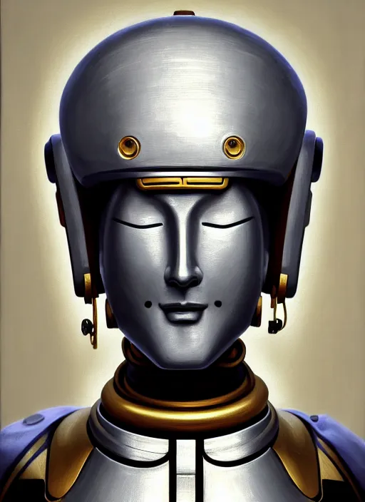 Prompt: portrait of zenyatta ( from overwatch ) the robot zen monk, a robot monk made of metal ( gold and silver ) with simple!!! stylized android mouthless face!!! + wearing zen robes, detailed realism in painting, detailed beautiful portrait, oil painting masterpiece, 8 k resolution, smooth, sharp focus, trending on artstation, by rembrandt