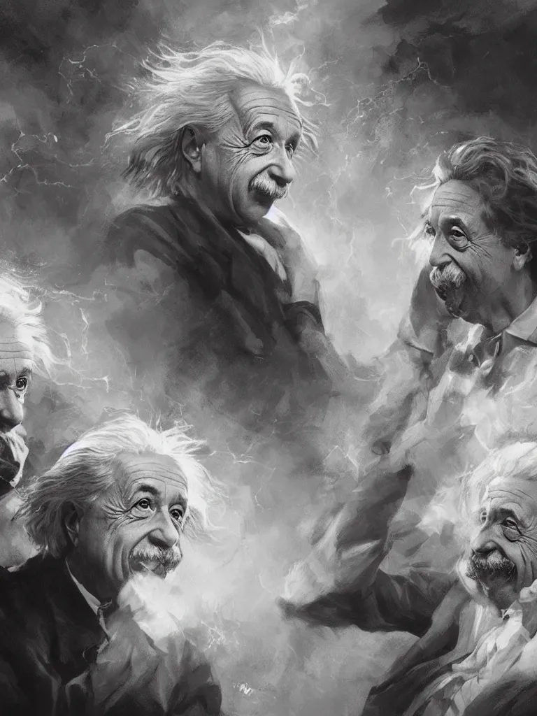 Image similar to Albert Einstein and Alan Watts having a metaphysical discussion, hyperdetailed artstation cgsociety by greg rutkowski and by Gustave Dore