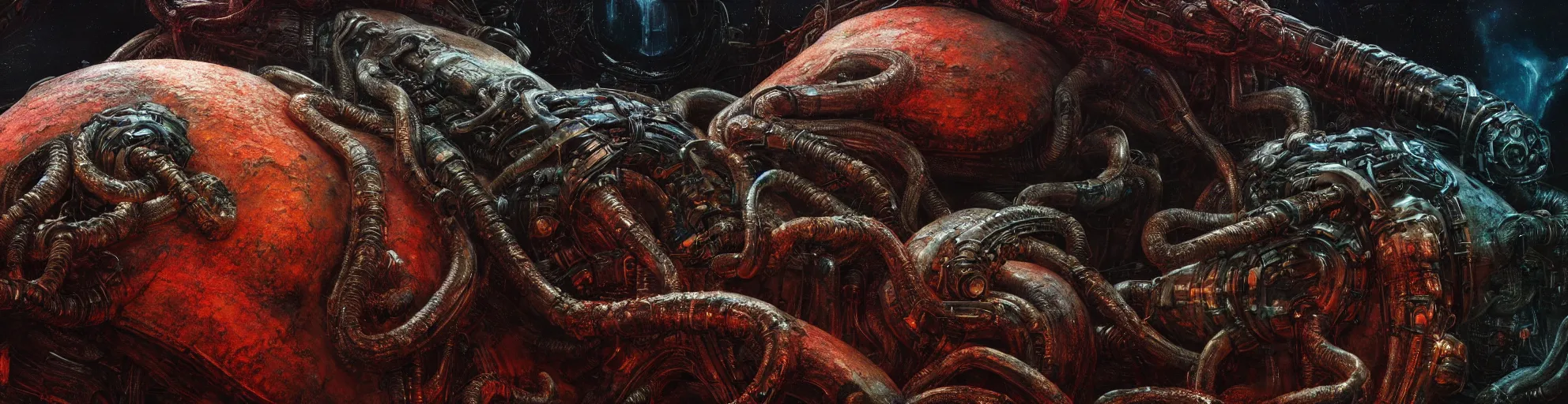 Image similar to Prometheus hibernation capsule biological sci-fi environment set close-up, hibernation capsule close-up, in a nightmarish universe of odd forms and somber tapestry, HR Giger and Vincent Di Fate, vivid color scheme, featured in artstation, octane render, cinematic, elegant, intricate, 8k