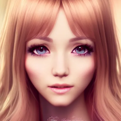 Image similar to beautiful intricate photograph of nikki from shining nikki dress - up game, a cute young woman, light pink hair, long hair with full bangs, full heart - shaped face, amber eye color, pale skin, light blush, chinese heritage,, smiling softly,, golden hour, soft focus, 8 k, hyperrealism, hyperdetailed