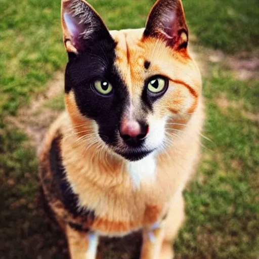 Prompt: photo of a cross between a cat mixed with a dog, photo of a dog body and cat head
