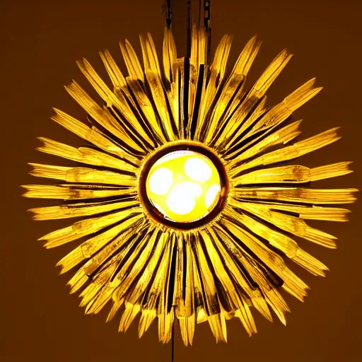 Image similar to chandelier in the shape of a sun with yellow accents designed by salvador dali