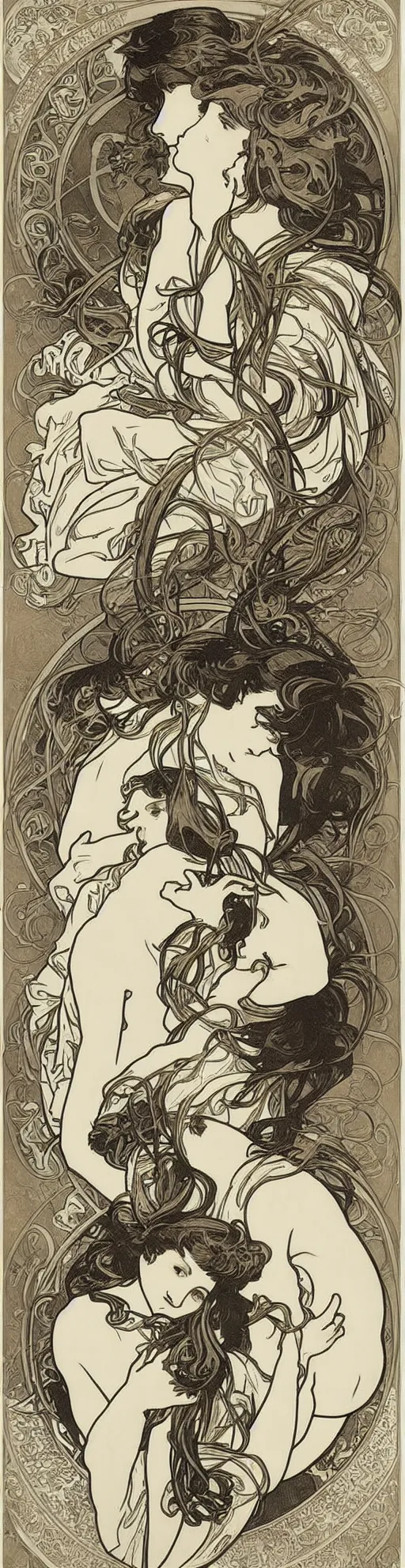 Image similar to engraving by alphonse mucha and gustave klint