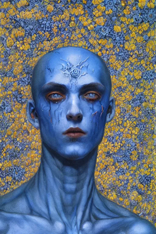 Prompt: portrait of beautiful gothic young man, warhammer, cyber armor, a lot of scars, more and more flowers, blue head, the middle ages, highly detailed, artstation, illustration, art by jean delville, 8 k quality, otherworldly, andre le notre, psychedelic