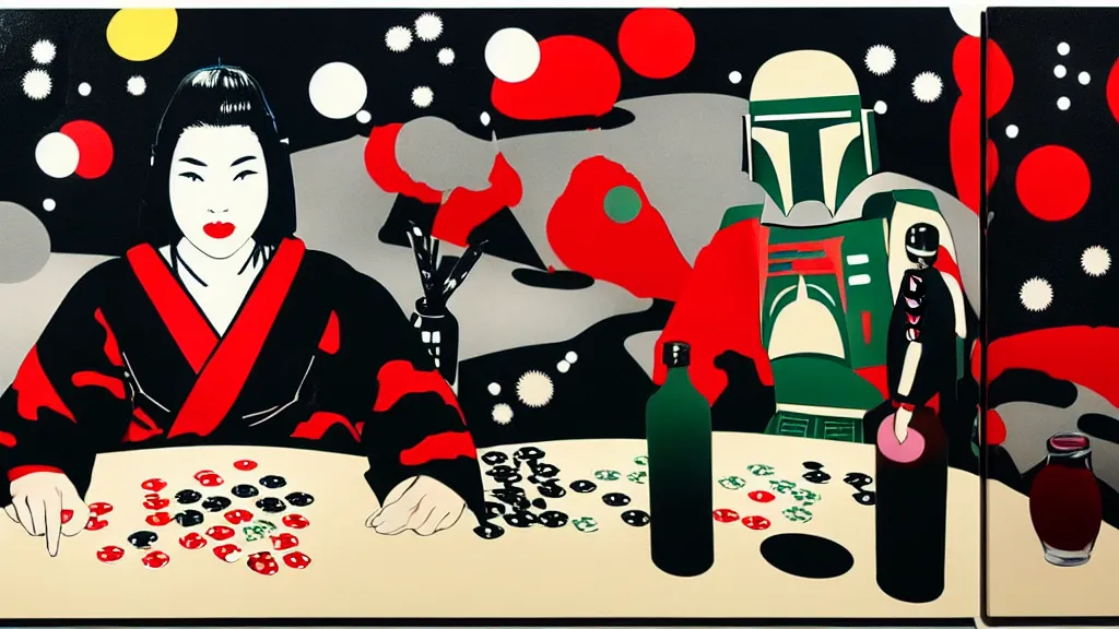 Prompt: woman in a black japanese kimono, sitting at an extremely detailed poker table with the boba fett, sake on the table, fireworks and stars on the background, by andy warhol, by roy liechtestein, canvas, acrylic paint, ivory palette, 4 k, ultra - hd