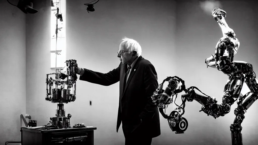 Image similar to bernie sanders putting the finishing touches on a complex magical clockwork doomsday robot, black and white photo, cinematic moody lighting, sharp focus