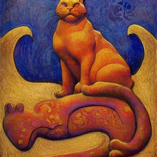Prompt: cloisonne cat sculpture from a lost civilization, by annie swynnerton and diego rivera and nicholas roerich and jean delville and charlie bowater, symbolist, dramatic lighting, god rays, art brut, rich colors, smooth sharp focus, extremely detailed, adolf wolfli and ( donato giancola and bilibin )