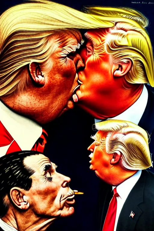 Image similar to norman rockwell painting of donald trump kissing donald trump