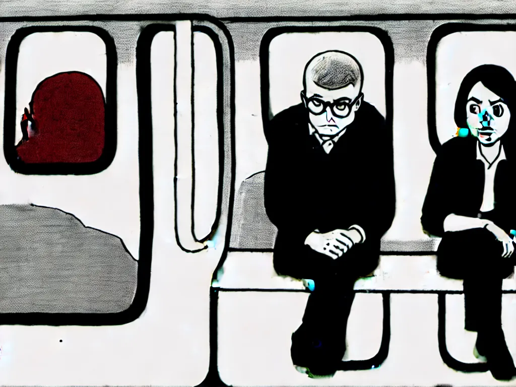 Image similar to a single comic panel by Daniel Clowes, 3/4 low angle view wide shot of two people sitting in an empty Chicago subway train, in front of windows: a sad Aubrey Plaza in a parka and a friendly Mads Mikkelsen in a suit