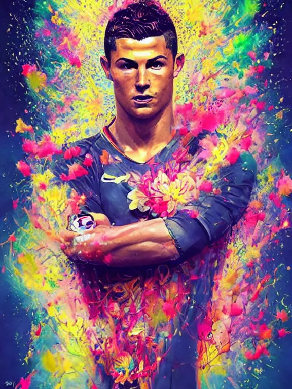 Image similar to art portrait of christiano ronaldo with flower exploding out of head,by tristan eaton,Stanley Artgermm,Tom Bagshaw,Greg Rutkowski,Carne Griffiths,trending on DeviantArt,face enhance,chillwave,minimalist,cybernetic, android, blade runner,full of color,