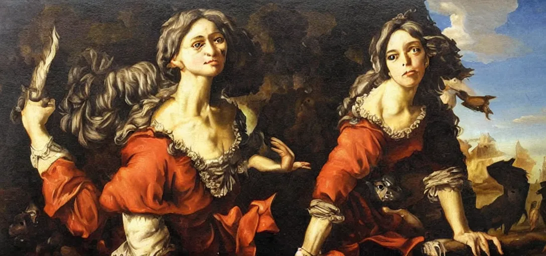 Prompt: baroque oil painting of half female have wolf, d & d, caravvagio, vibrant, high contrast