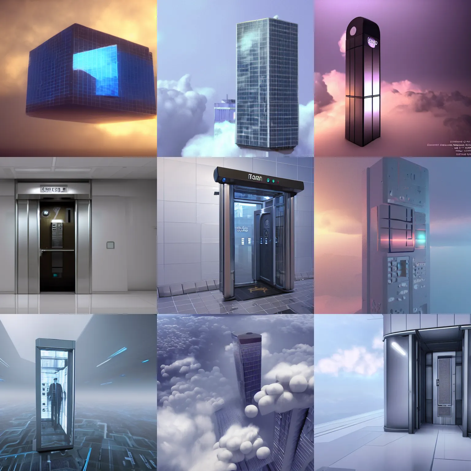 Prompt: a computer generated image of a elevator in the clouds, a computer rendering by senior environment artist, polycount, cubo - futurism, rendered in cinema 4 d, rendered in unreal engine, volumetric lighting