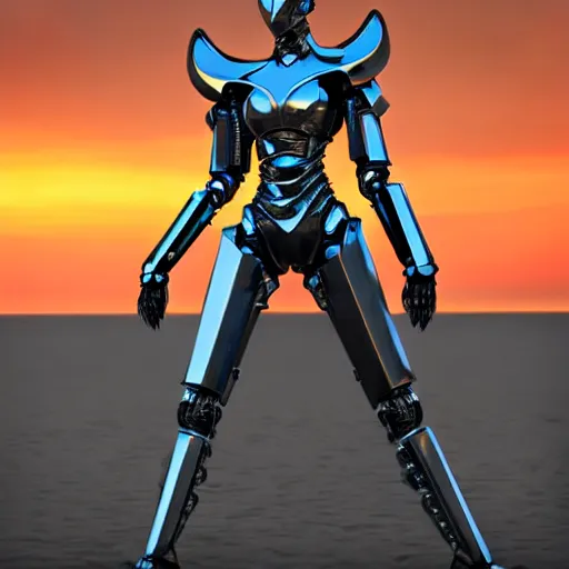 Image similar to cinematic body shot, realistic detailed stunning beautiful armored humanoid anthropomorphic female robot dragon, looking to the side with an elegant pose of hand on hip, smooth and streamlined armor and design made of steel, sharp claws and sharp teeth, high quality head, Slick LEDs, on the beach during sunset, high quality, cinematic art, sci fi, sunset lighting, 3D render, 8k, artstation, deviantart, furaffinity