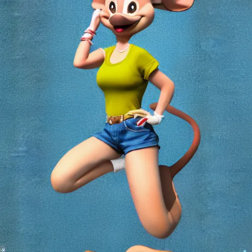 Image similar to 3 d render, portrait, upper body shot, mid shot, anthropomorphic mouse, female, wearing denim short shorts and a off yellow tank top shirt, in the style of disney's robin hood