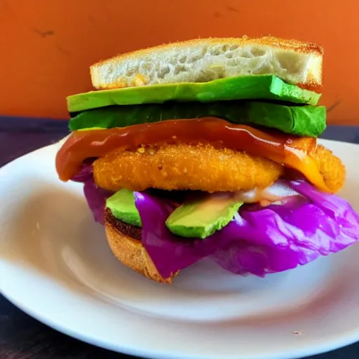 Prompt: one sandwich with fried tofu, one red tomato slice, mayonnaise, one fried onion ring, avocado, melted cheddar, over a red dish that is on a table, with a sunset and rainbow in the background with saturn and stars in the sky