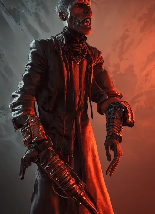 Image similar to A mixed media portrait painting of a male fantasy vampire necromancer in a atmospheric dark fortress, unreal 5, DAZ, hyperrealistic, octane render, RPG portrait, ambient light, dynamic lighting