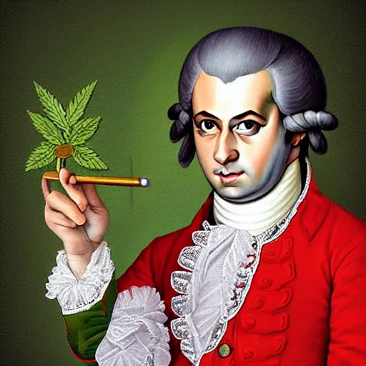 Image similar to Mozart with bloodshot eyes holding a weed joint in his hand, digital art