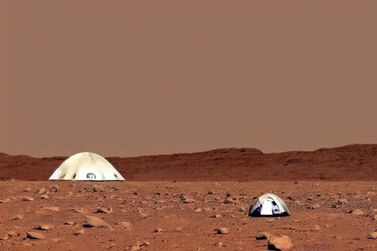 Image similar to photograph of an astronaut living in a tent lonely in Mars