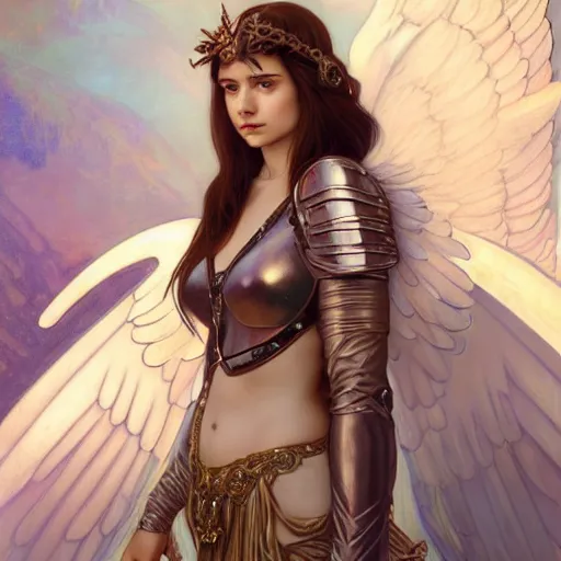 Image similar to portrait of young aasimar angel girl maiden wearing comfy leather armor with beautiful feathered angel wings, brown eyes, by artgerm and greg rutkowski and alphonse mucha and andrei riabovitchev and Rossdraws and Bluesssatan and Mandy Jurgens and Stjepan Sejic, 4k oil on linen, vivid colors, colorful, photorealistic, high dynamic range, HDR, intricate, elegant, highly detailed, digital painting, artstation, concept art, smooth, sharp focus, illustration, mid-shot, medium shot, hyperdetailed