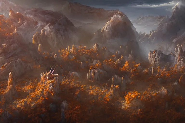 Image similar to high aerial shot, fantasy landscape, sunset lighting ominous shadows, cinematic fantasy painting, dungeons and dragons, barren dry land, desert valley of bones, isolated autumn maple bonsai, by jessica rossier and brian froud and hr giger