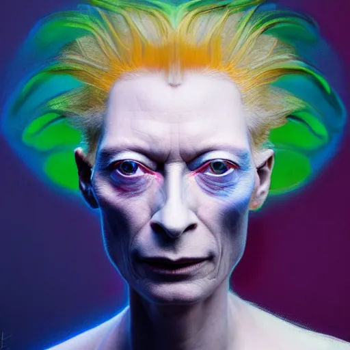 Image similar to a realistic octane render physically based rendering chrome neon tilda swinton, trending on artstation, by archan nair and marlene dumas, intricate details, gilded, in the style of frank auerbach, by kandinsky