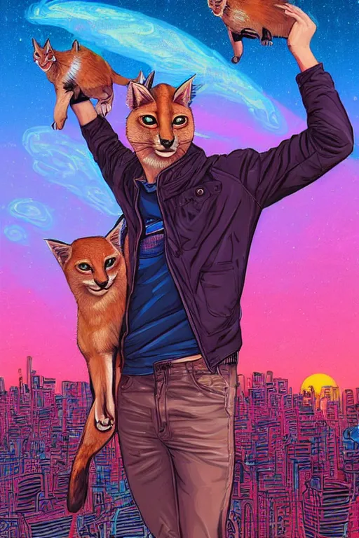 Image similar to a portrait of Ryan Gosling holding a cute caracal with thunders in the sky in a future cybernetic city, outrun style and colours, trending on arstation, by dan mumford, by ross tran