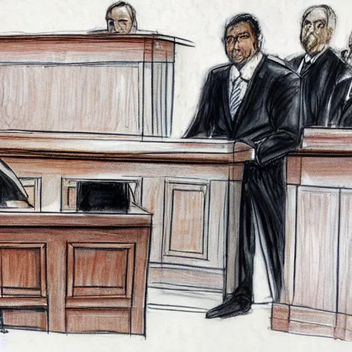Prompt: A lawyer dog making an opening statement in court in front of the jury, highly detailed, courtroom sketch