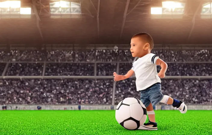 Image similar to a little boy with a soccer ball under his arm as seen from the back stands next to a soccer field and looks hopefully at a full soccer stadium and hopes he can join the first team, diffuse light, octane render