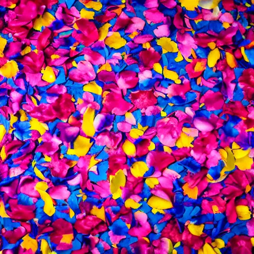 Prompt: spaciously scattered multi colored flower petals flowing through the air from left to right on a clean background