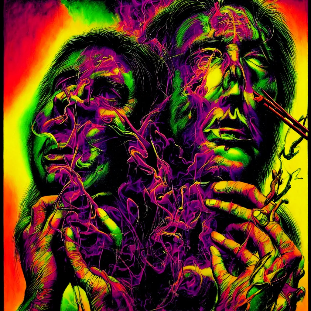 Image similar to psychedelic bright portrait of bill hicks smoking in the style of hans giger, alex grey, lynchian atmosphere, film noir, concept art, art by kuvshinov ilya and zdislav beksinski and wayne barlowe, vivid colors, yellow, purple, red, black, blue, green, orange, pink