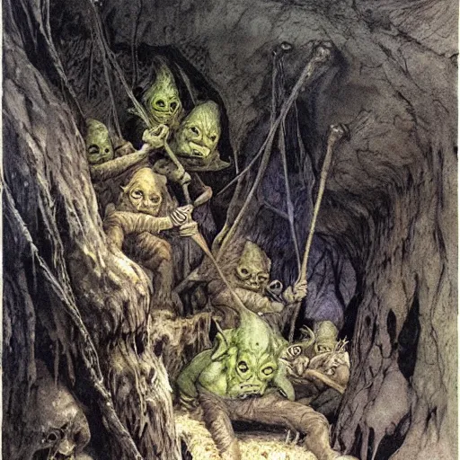 Image similar to cave full of goblins by Alan Lee