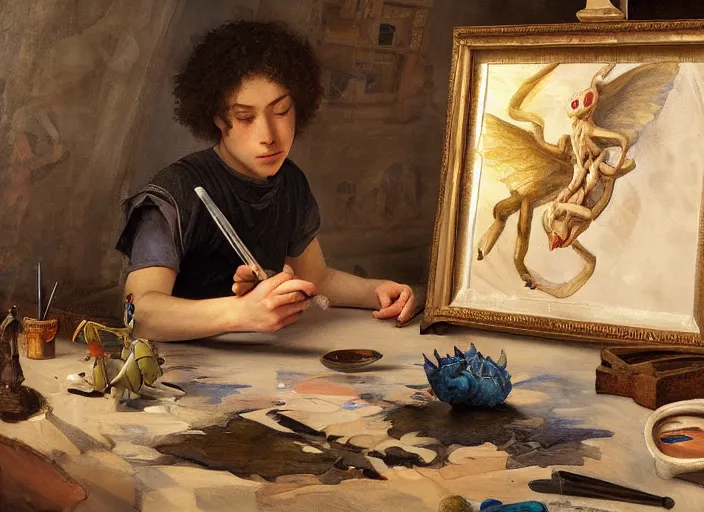 Image similar to a young painter in his studio painting a picture of a pokemon, by edgar maxence and caravaggio and michael whelan and delacroix style, artistic, intricate drawing, cinematic lighting, hyper realistic, extremely detailed, establishing shot, 8 k resolution, dramatic lighting