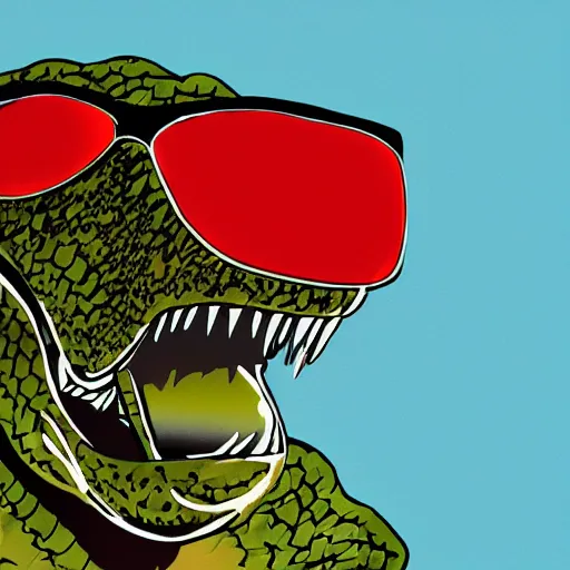 Prompt: portrait of a dinosaur wearing sunglasses on holiday, Hawaiian, dinosaur, reptile, sunglasses