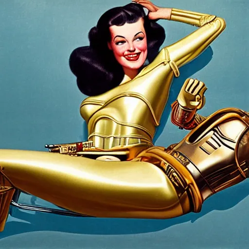 Image similar to a reclining c3po with a smiling female human face by Gil Elvgren, holding a smoking ray-gun, full body