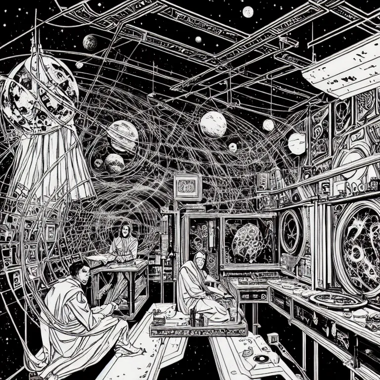 Prompt: ancient alchemist wizards laboratory, ceiling open to outerspace, high details, intricate clean line art, by vincent di fate, inking, 3 color screen print, masterpiece, trending on artstation, sharp, high contrast, hyper - detailed, hd, 4 k, 8 k