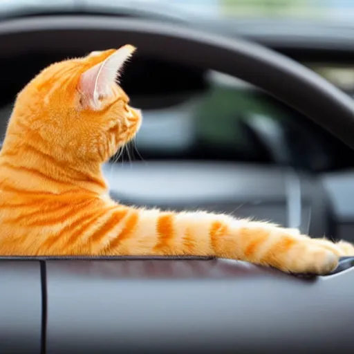 Image similar to an orange tabby cat driving a car