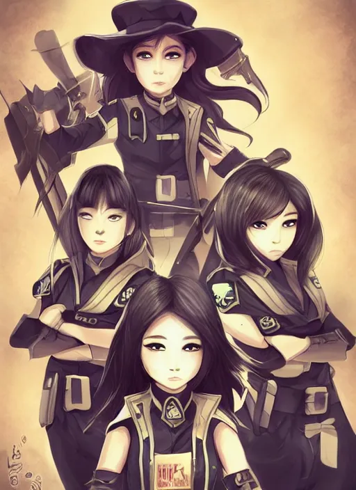 Image similar to full size persona, female sheriff, detailed faces, blank faces, style by huyy nguyen, art by huyy nguyen, demon slayer rui fanart