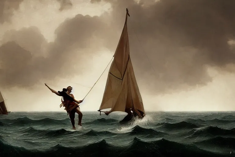 Image similar to ancient historically accurate depiction of Bible Character walking on water during a storm, a small fishing sailboat with scared sailors on board, dramatic lighting by frank miller, illustration by Ruan Jia and Mandy Jurgens and William-Adolphe Bouguereau, Artgerm, 4k, digital art, surreal, space dandy style, highly detailed, godsend, artstation, digital painting, concept art, smooth, sharp focus, illustration by Ruan Jia and Mandy Jurgens and William-Adolphe Bouguereau, Artgerm