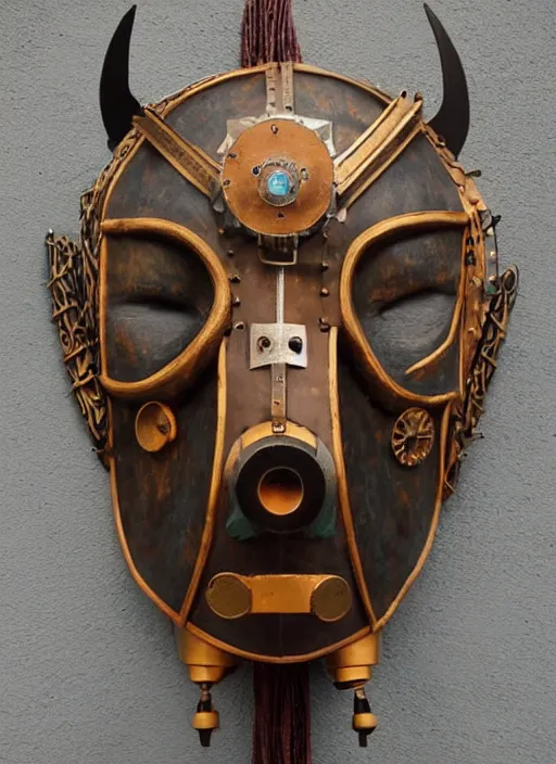 Prompt: traditional viking steampunk tribal dj mask. a matte symmetrical portrait. award winning found object at the tate modern art gallery. style of rhads and anato finnstark