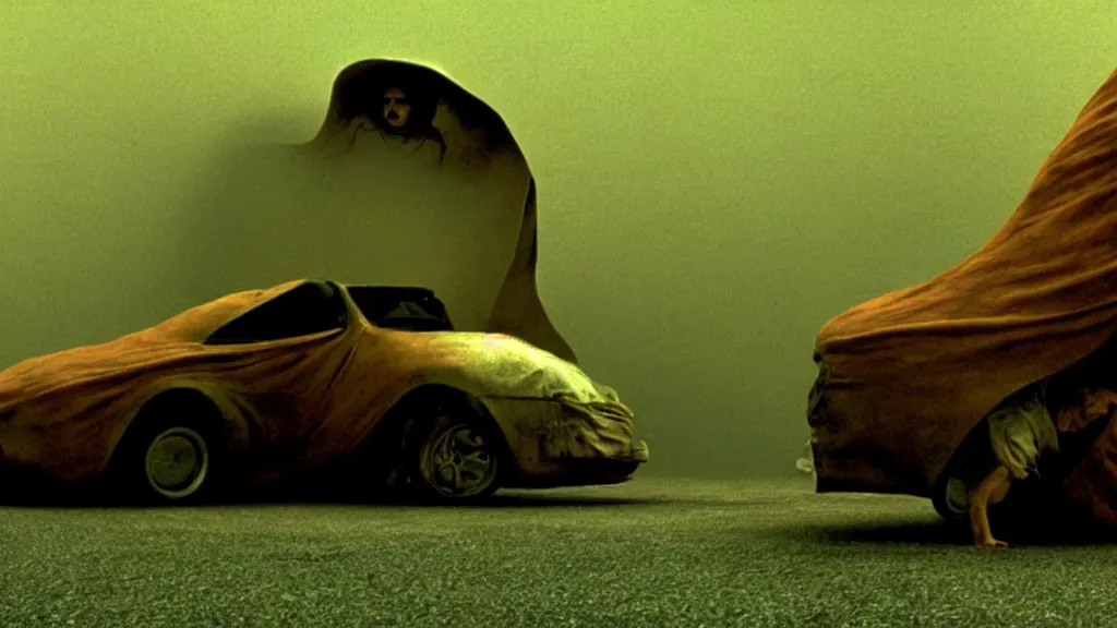 Image similar to the hip creature under the car, film still from the movie directed by denis villeneuve and david cronenberg with art direction by salvador dali and zdzisław beksinski, wide lens