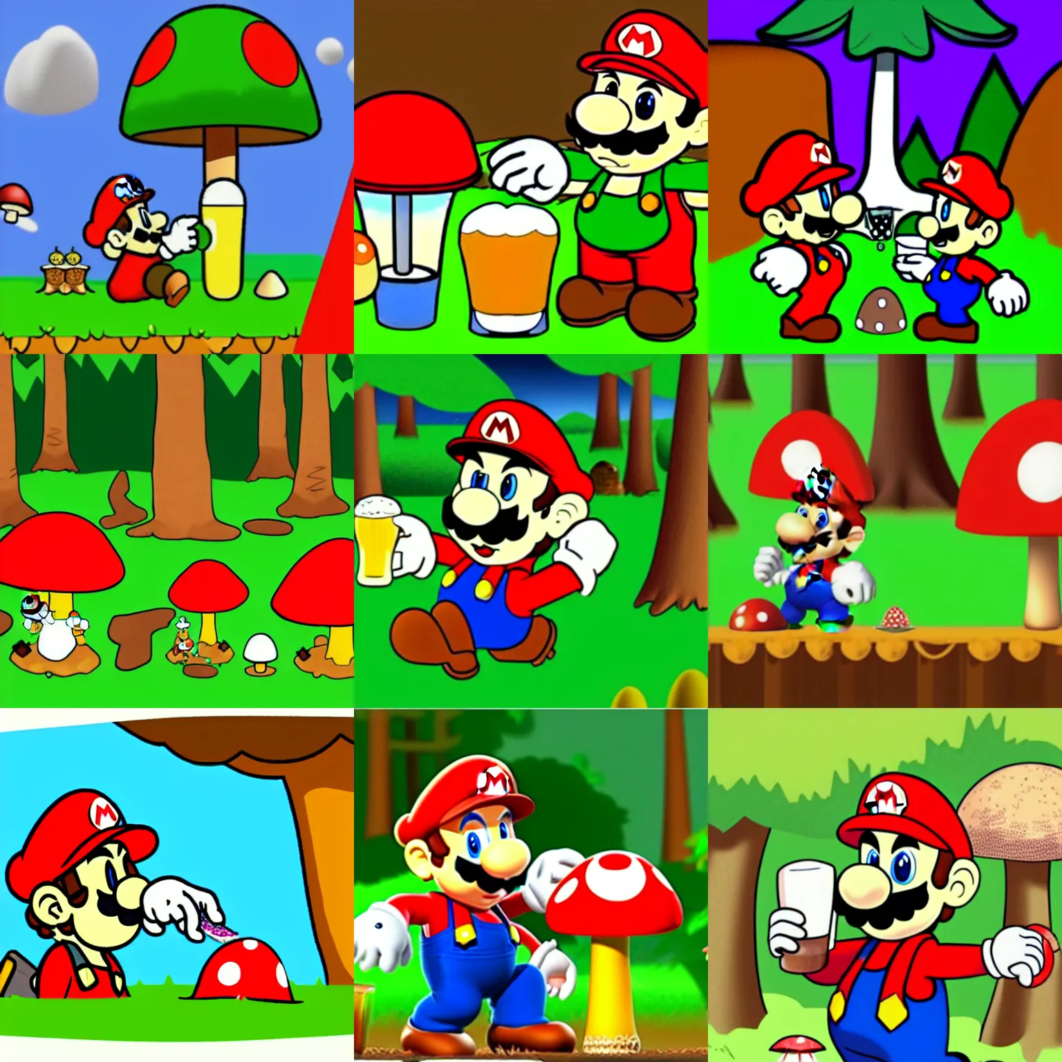 Prompt: drunk mario drinks beer in forest with mushrooms and big fly agaric, cartoon