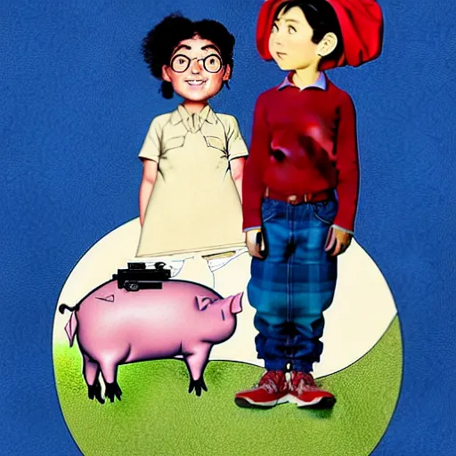 Prompt: portrait of a ( mindless american ) woman and her sidekick talking - pig enveloped in shimming iridescence, backpacking in pakistan about youth and depression, by norman rockwell, pixar, studio ghibli, toei, intricate line work, beautiful, complete light occlusion, rim light, pop - out, collage, trending on pinterest, artstation 8 k